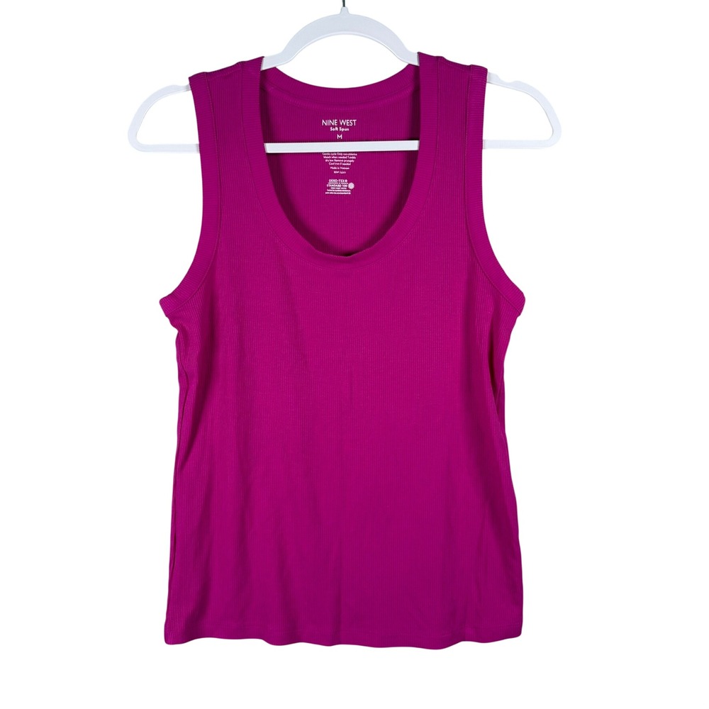 Nine West Womens M Tank Top Pink Ribbed Soft Spun Scoop Neck Sleeveless Basic